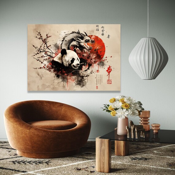 Panda And Dragon Canvas Wall Art Asian Ink Painting Style Cherry Blossom Nature Oriental Red Sun Gift Home Decor Print