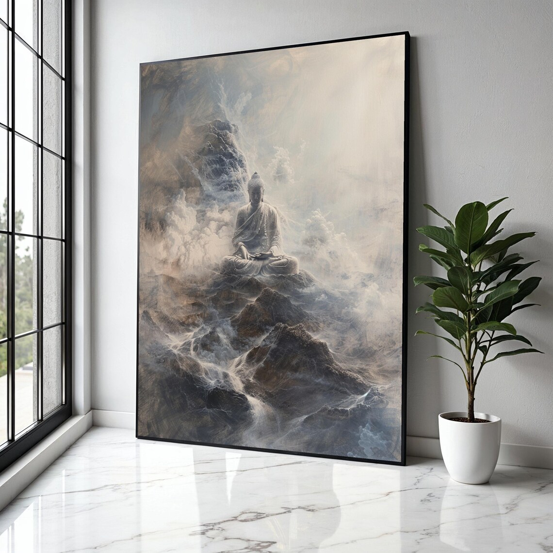 Stone Buddha Meditating Misty Mountain Peak Monochrome Poster