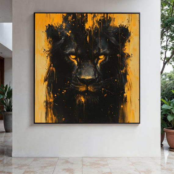 Majestic Black Lion Canvas Wall Art Abstract Animal Portrait Bold Wildlife Painting Fierce Cat Decor Modern Gift Home Print