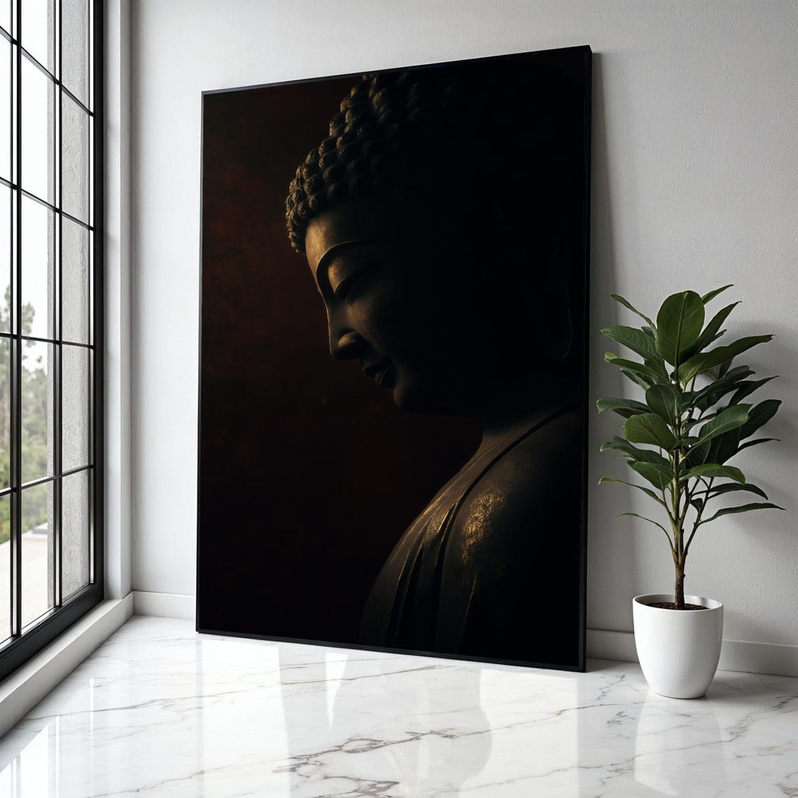 Serene Buddha Profile In Golden Light Against Dark Wall Poster