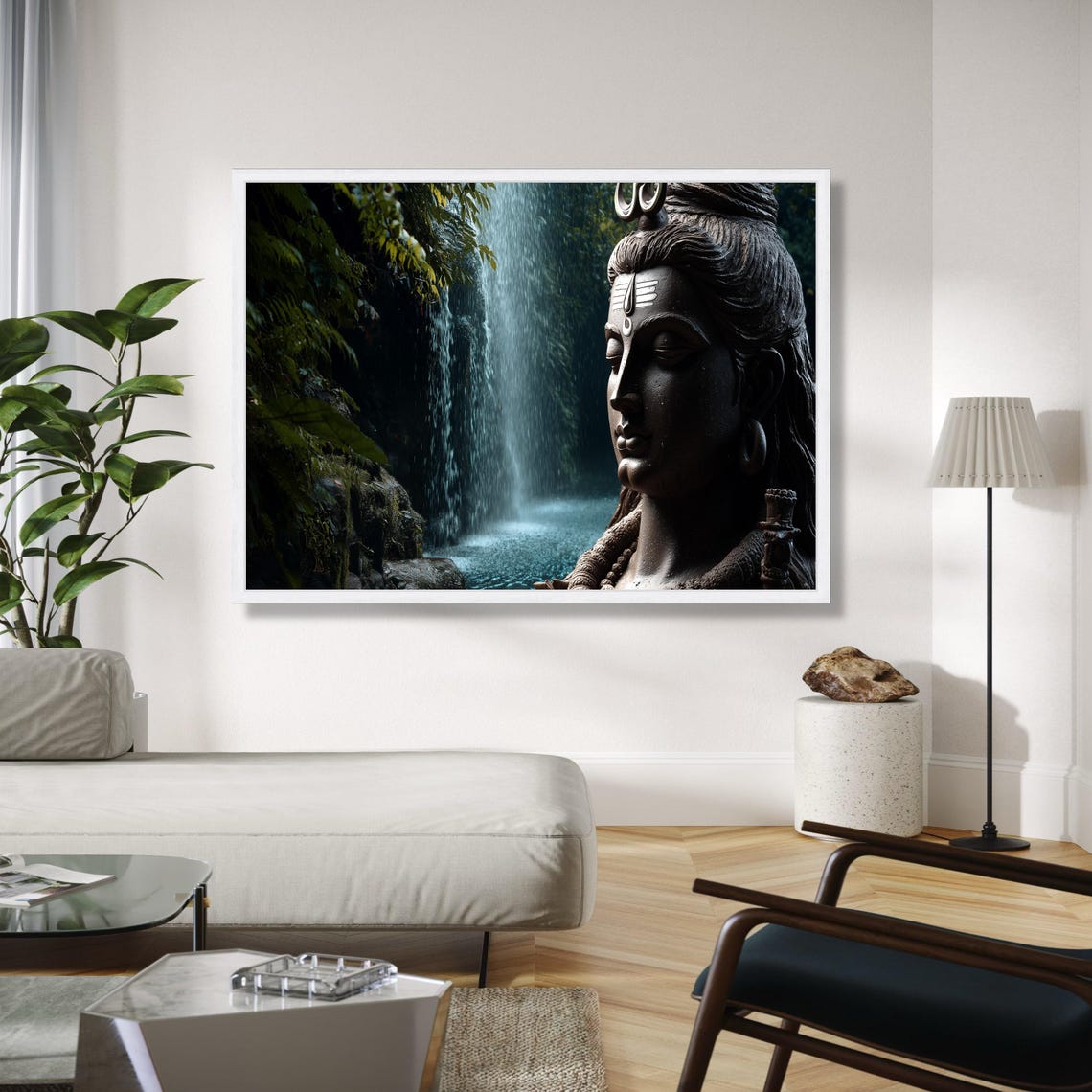 Lord Shiva Statue Before Jungle Waterfall Dramatic Photo Poster