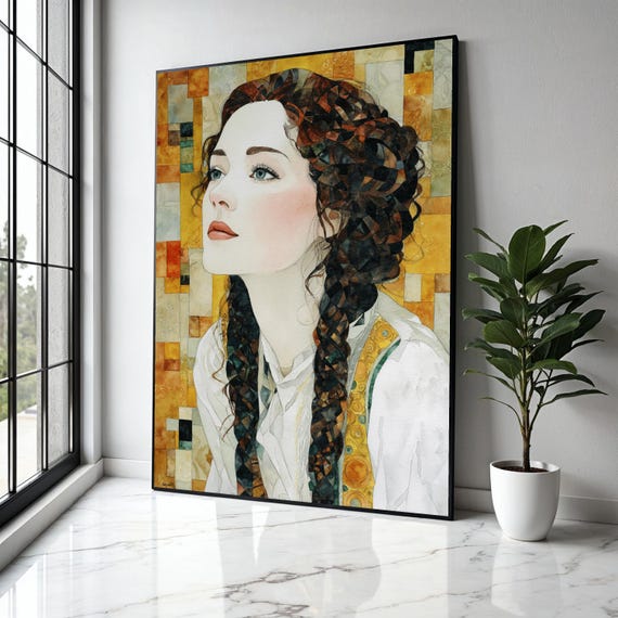 Elegant Woman Portrait Canvas Watercolor Art Print Braided Hair Wall Modern Figurative Home Decor Gift