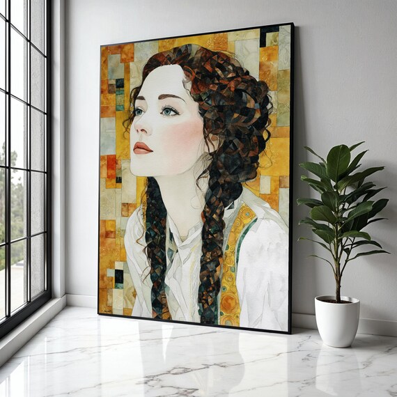 Elegant Woman Portrait Shimmering Gold Mosaic Painting Style Poster