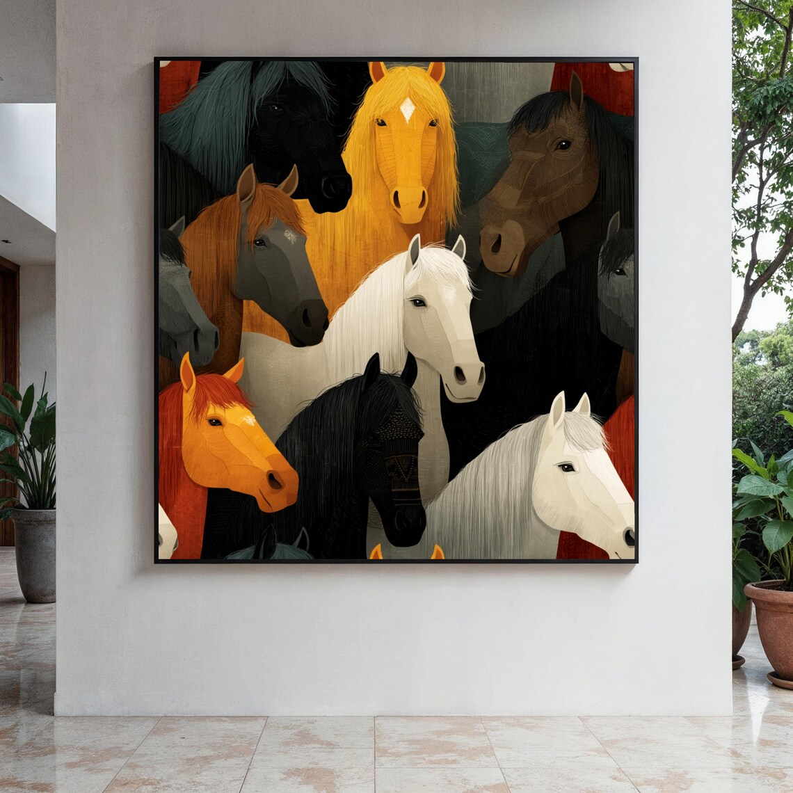 Colorful Horse Heads Group Bold Modern Animal Illustration Poster