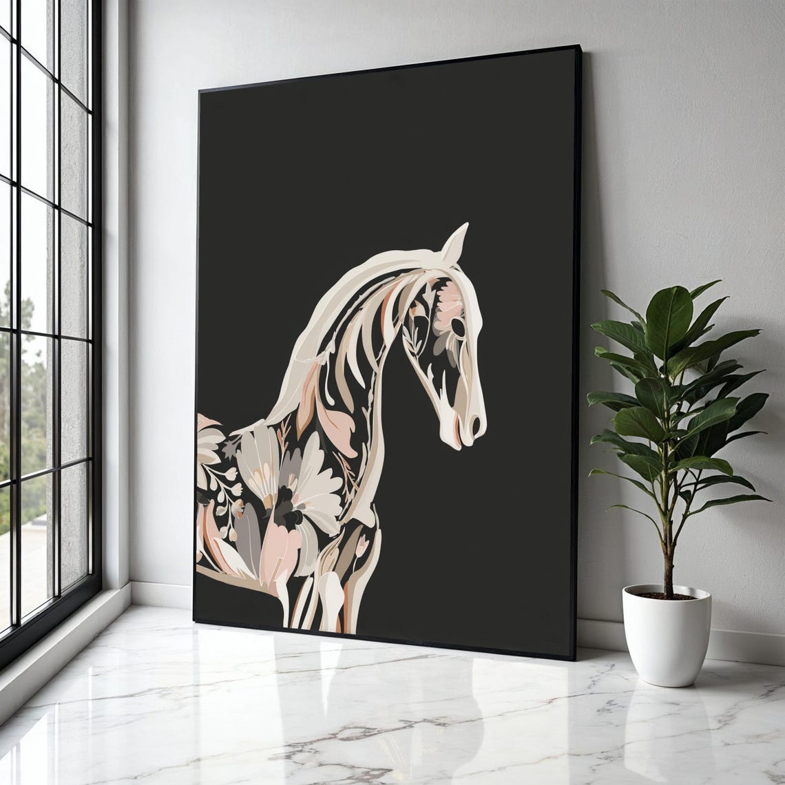 Floral Horse Head Silhouette Botanical Pink Black Modern Art Poster