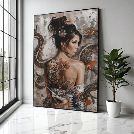 Asian Woman Portrait Canvas Tattoo Art Wall Decor Dragon And Floral Back Oriental Style Modern Gift Home Print
