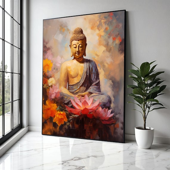 Golden Buddha Meditating Among Pink Lotus Flowers Art Poster