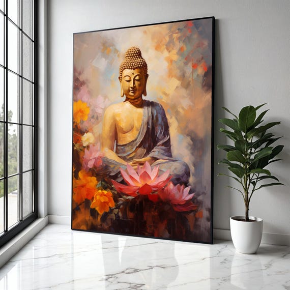Serene Buddha Meditation Canvas Flower Wall Art Spiritual Home Decor Zen Inspired Tranquil Gift Print