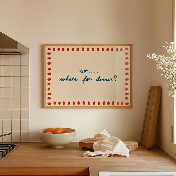 Whats For Dinner Print Quirky Kitchen Wall Art Orange Blue