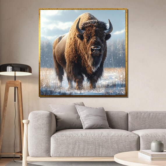 Bison Standing in a Snowy Field Realistic Winter Wildlife Poster
