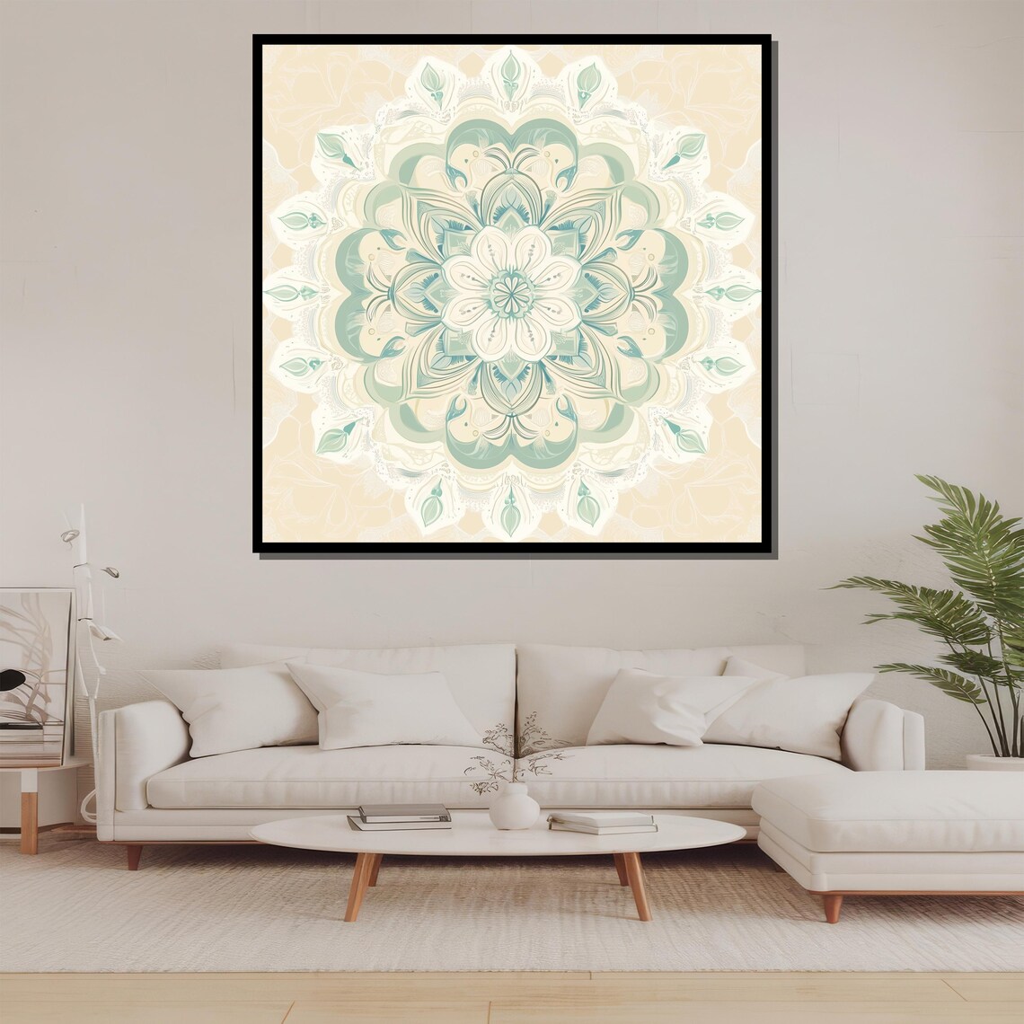 Soft Sage Green Pastel Mandala on Cream Zen Meditation Art Print - Image 2