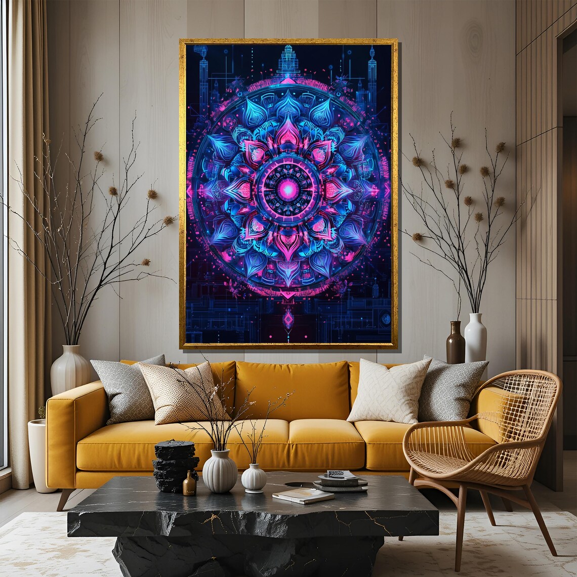 Neon Blue And Pink Mandala Sacred Geometry Spiritual Abstract Poster - Image 3