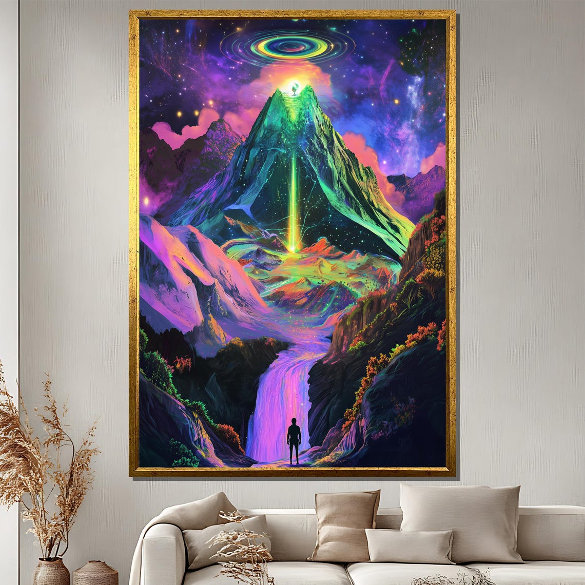 Psychedelic Mountain Painting Surreal Cosmic Landscape Art Vibrant Fantasy Wall Decor Unique Gift For Home
