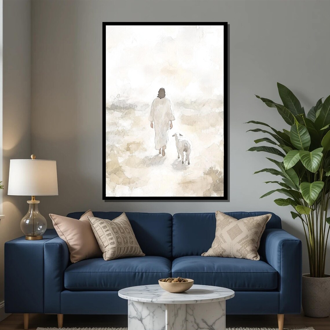 Jesus And Lamb Watercolor Minimalist Religious Art Print - Image 2