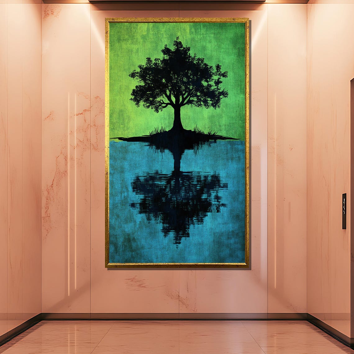 Tree Reflection Painting Minimalist Nature Wall Art Blue And Green Abstract Decor Unique Gift For Home - Image 3