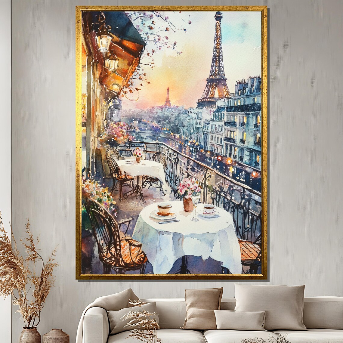 Paris Balcony View Painting, Romantic Cityscape