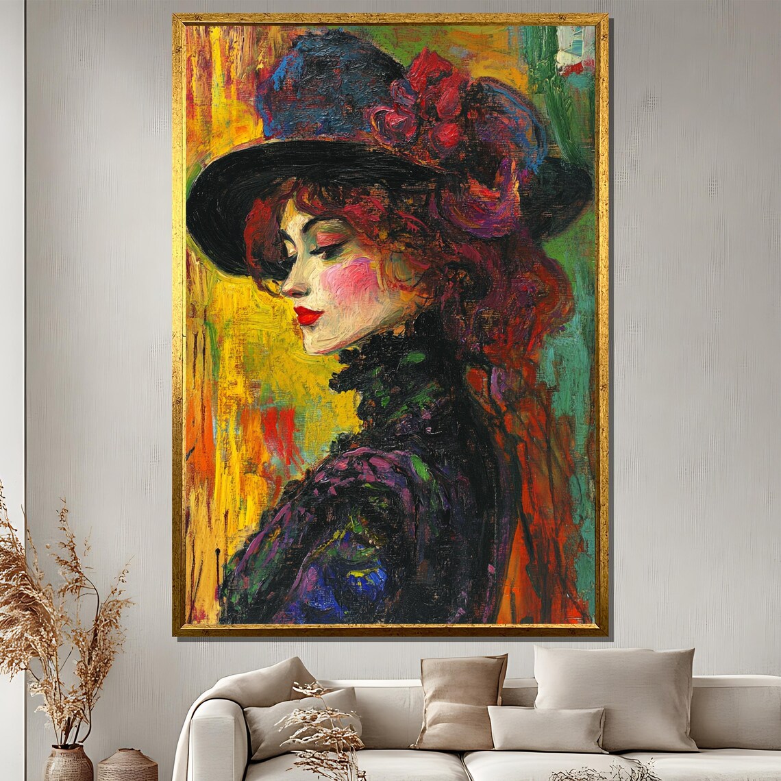 Impressionist Woman in a Black Hat with Red Roses Painting Poster