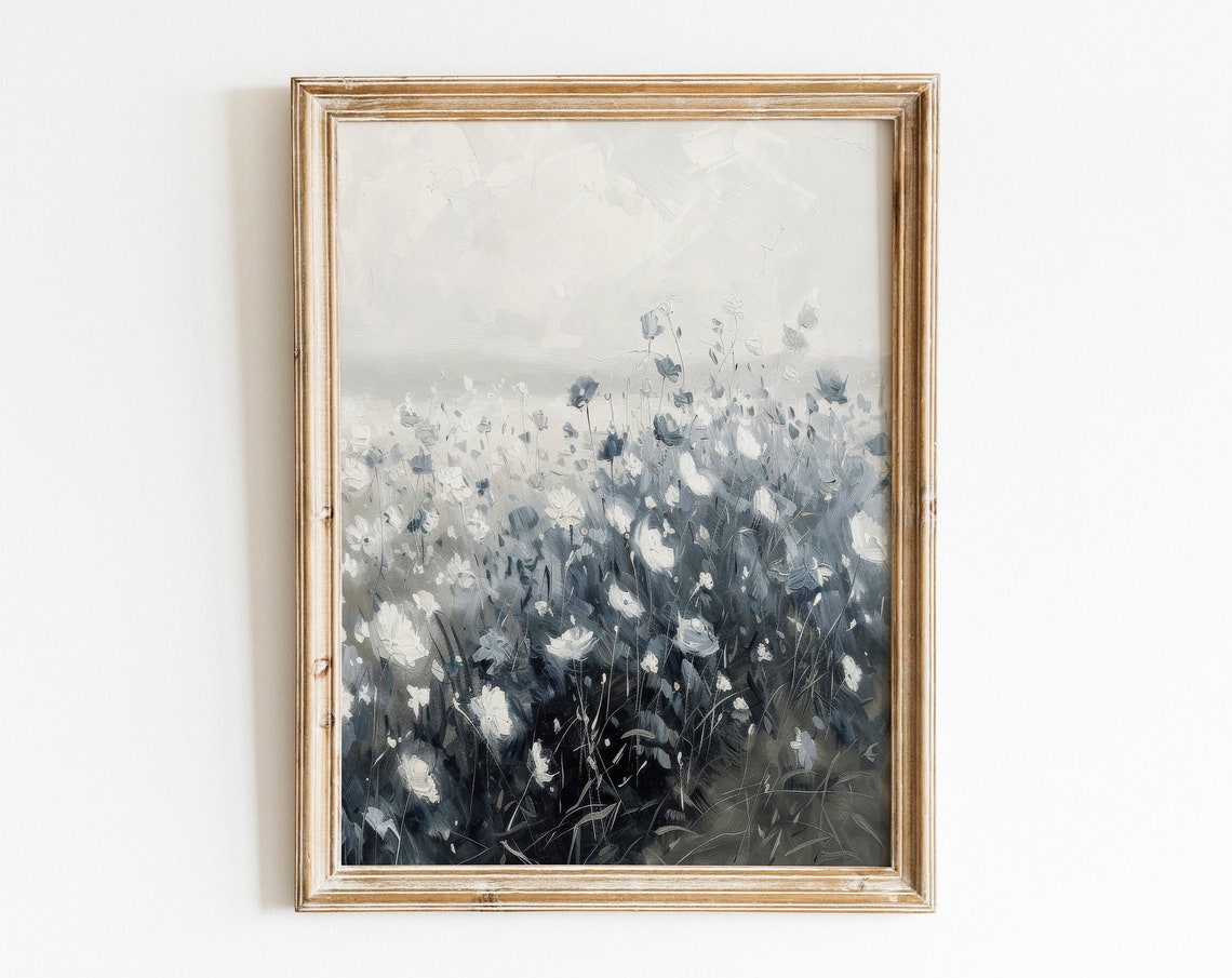 Blue White Wildflower Field Impressionist Meadow Scenic Art Poster