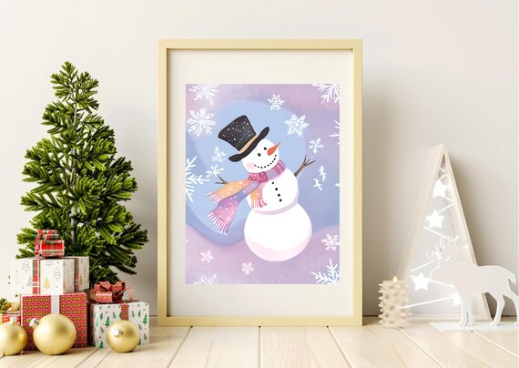 Cute Pastel Snowman Top Hat Winter Nursery Christmas Wall Art