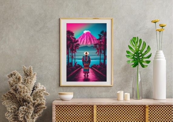 Tropical Volcano Wall Art Boho Landscape Print Afro Futuristic