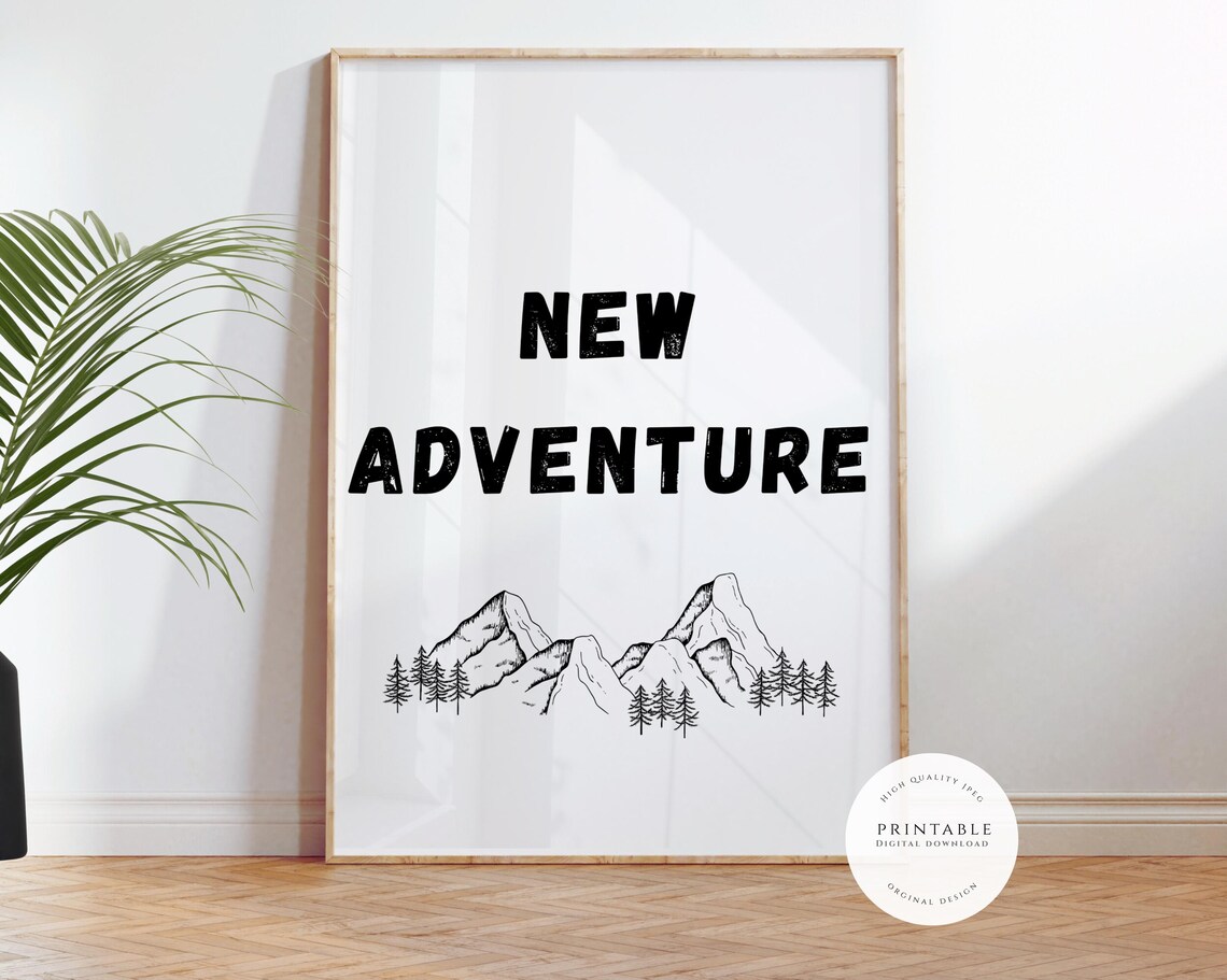 New Adventure Mountain and Pine Line Art Travel Quote Poster - Image 2