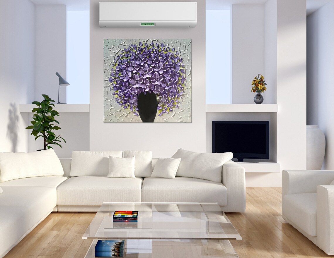 Lavender Purple Flower Bouquet In Black Vase Textured Oil Poster - Image 2