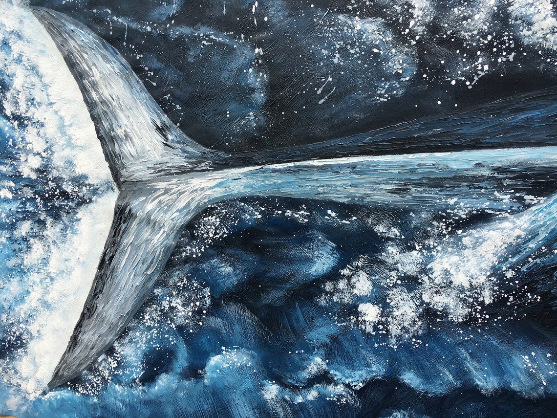 Deep Blue Whale Tail Splash Impasto Ocean Oil Painting Poster - Image 3