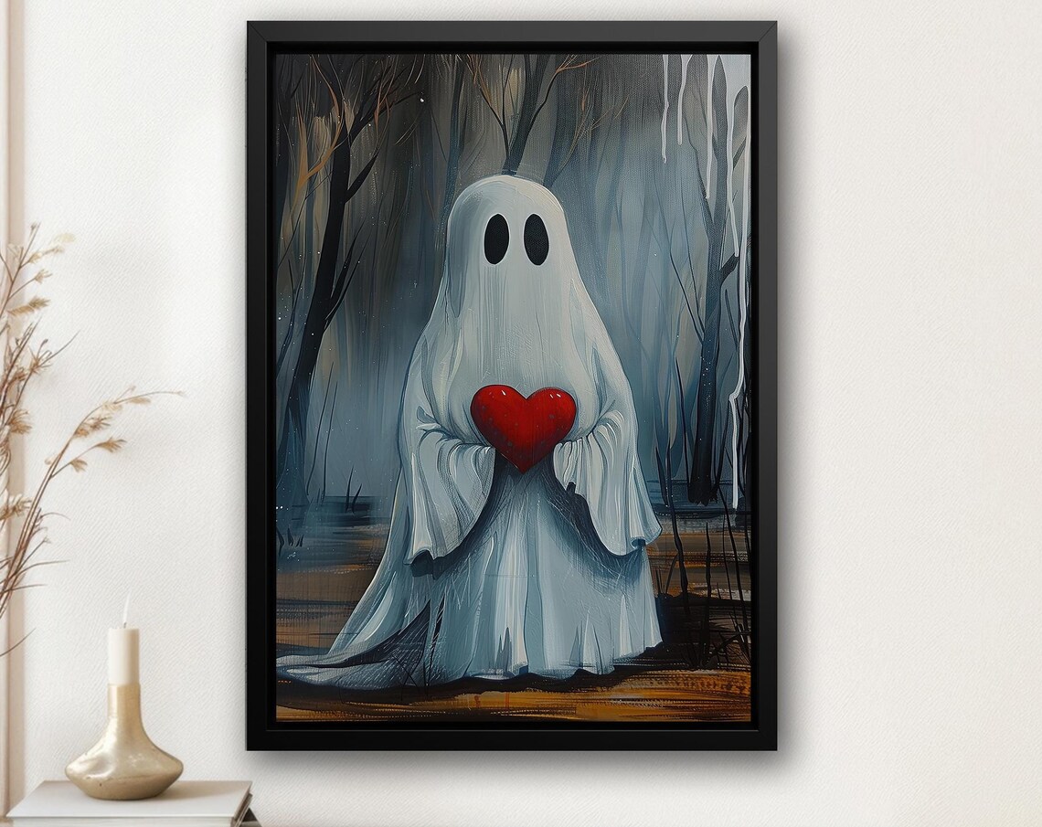 Cute Ghost Holding Red Heart in Dark Forest Sweet Halloween Wall Poster