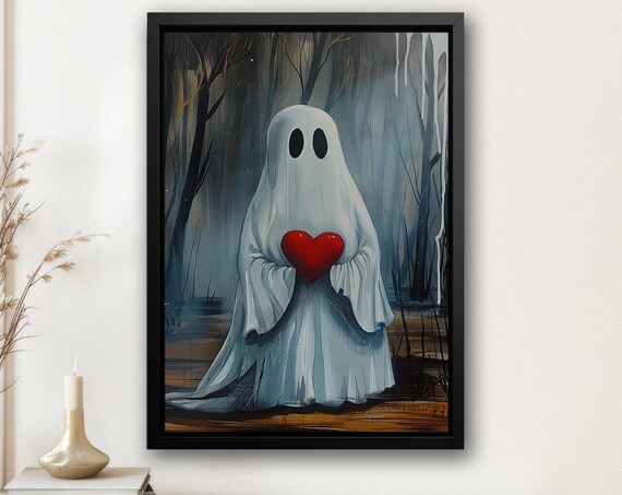 Cute Ghost Holding Red Heart in Dark Forest Sweet Halloween Wall Poster