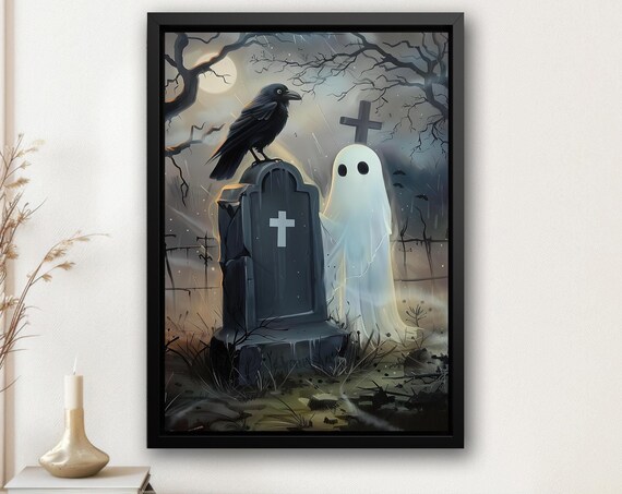 Cute Ghost with Raven on Tombstone Moonlit Graveyard Halloween Poster