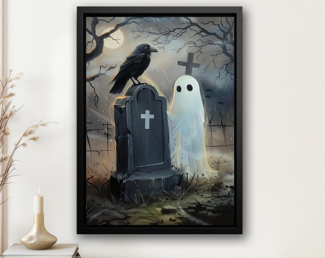 Cute Ghost with Raven on Tombstone Moonlit Graveyard Halloween Poster