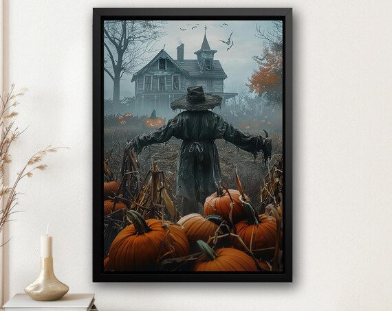 Dark Scarecrow in Pumpkin Patch Haunted Farmhouse Misty Harvest Poster