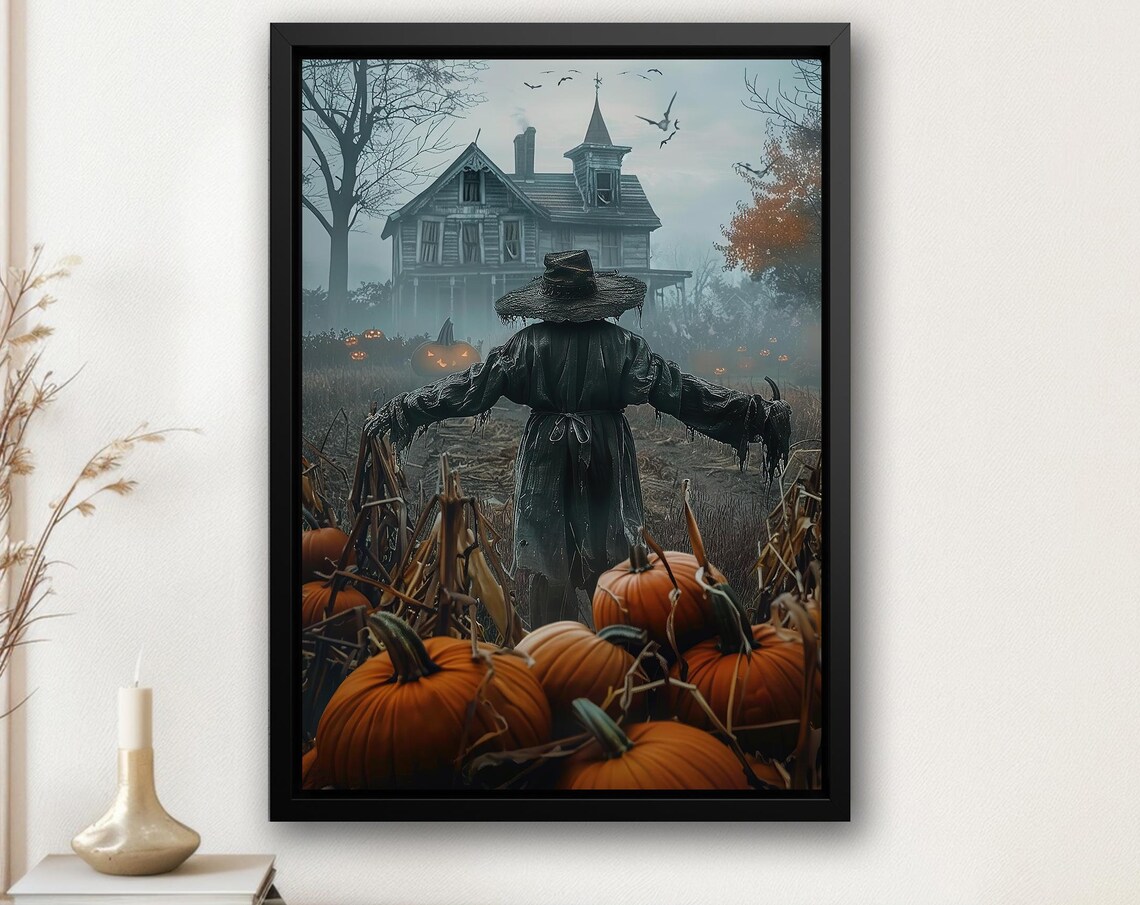 Dark Scarecrow in Pumpkin Patch Haunted Farmhouse Misty Harvest Poster
