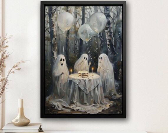 Three Ghosts Birthday Party in Birch Forest Cake Balloons Art Poster