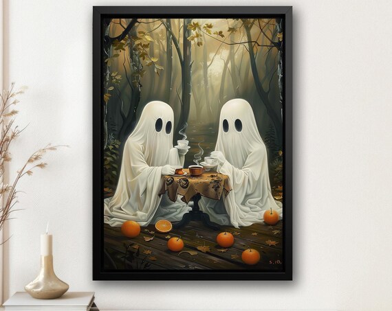 Two Ghosts Having Tea Party in Autumn Forest Cozy Cottagecore Poster