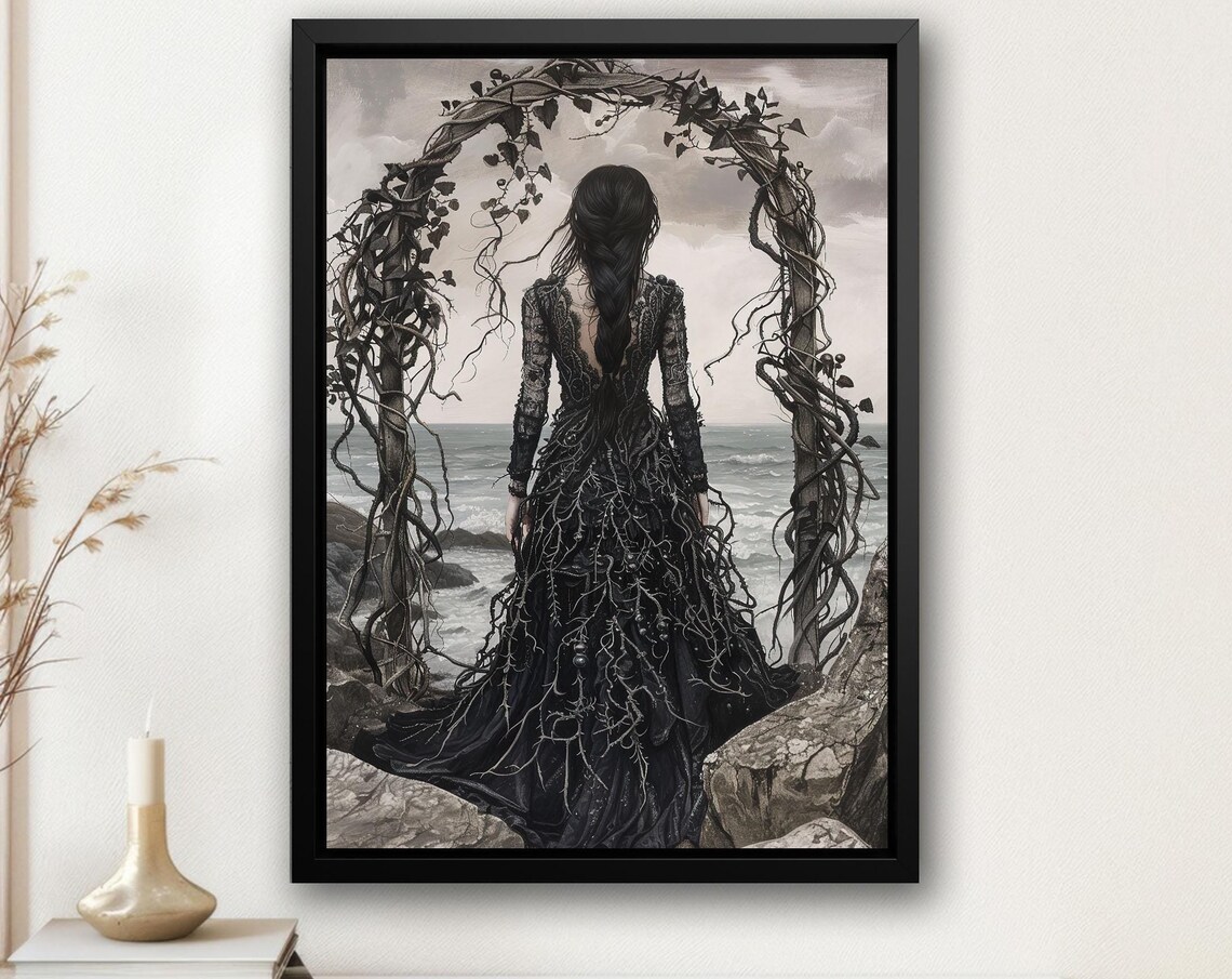 Dark Witch Gazing at Grey Coastline Under Twisted Vine Arch Art Poster