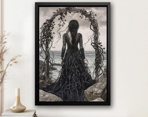 Dark Witch Gazing at Grey Coastline Under Twisted Vine Arch Art Poster