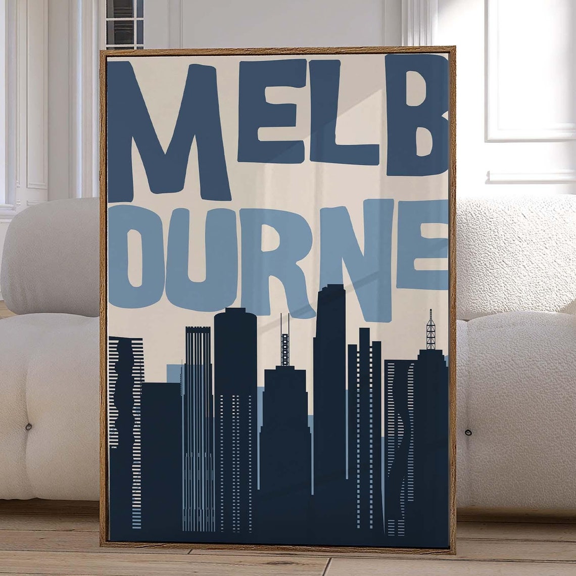 Melbourne Bold Navy Blue Skyline Typography Modern Travel Poster
