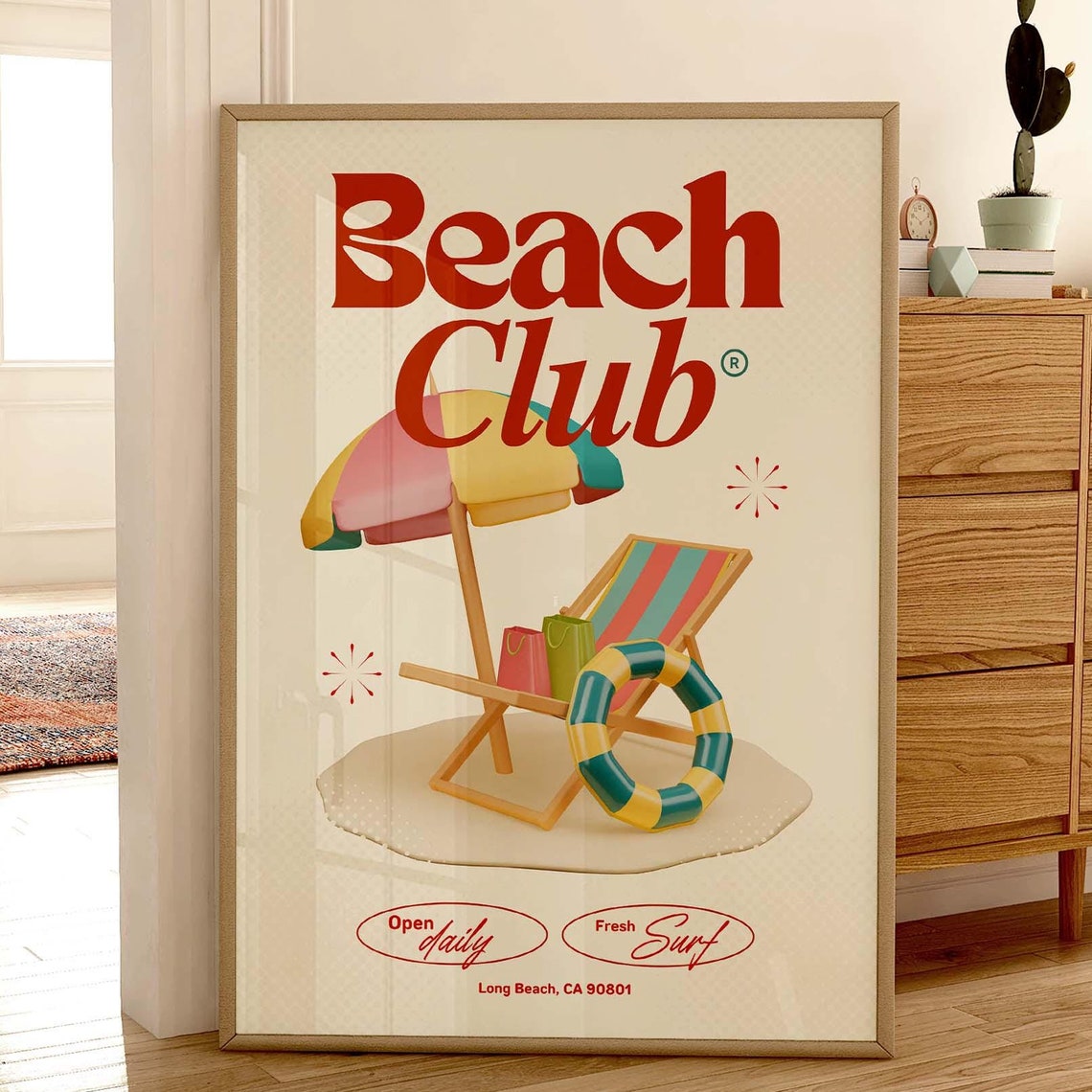 Beach Club Retro Long Beach California Surf Umbrella Wall Poster