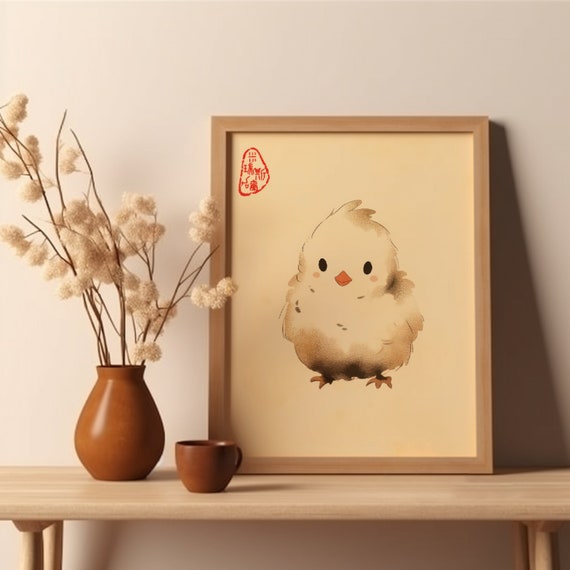 Cute Chicken Art Print Japanese Woodblock Poster Baby Minimalist Wall Decor Oriental Edo Period Chibi