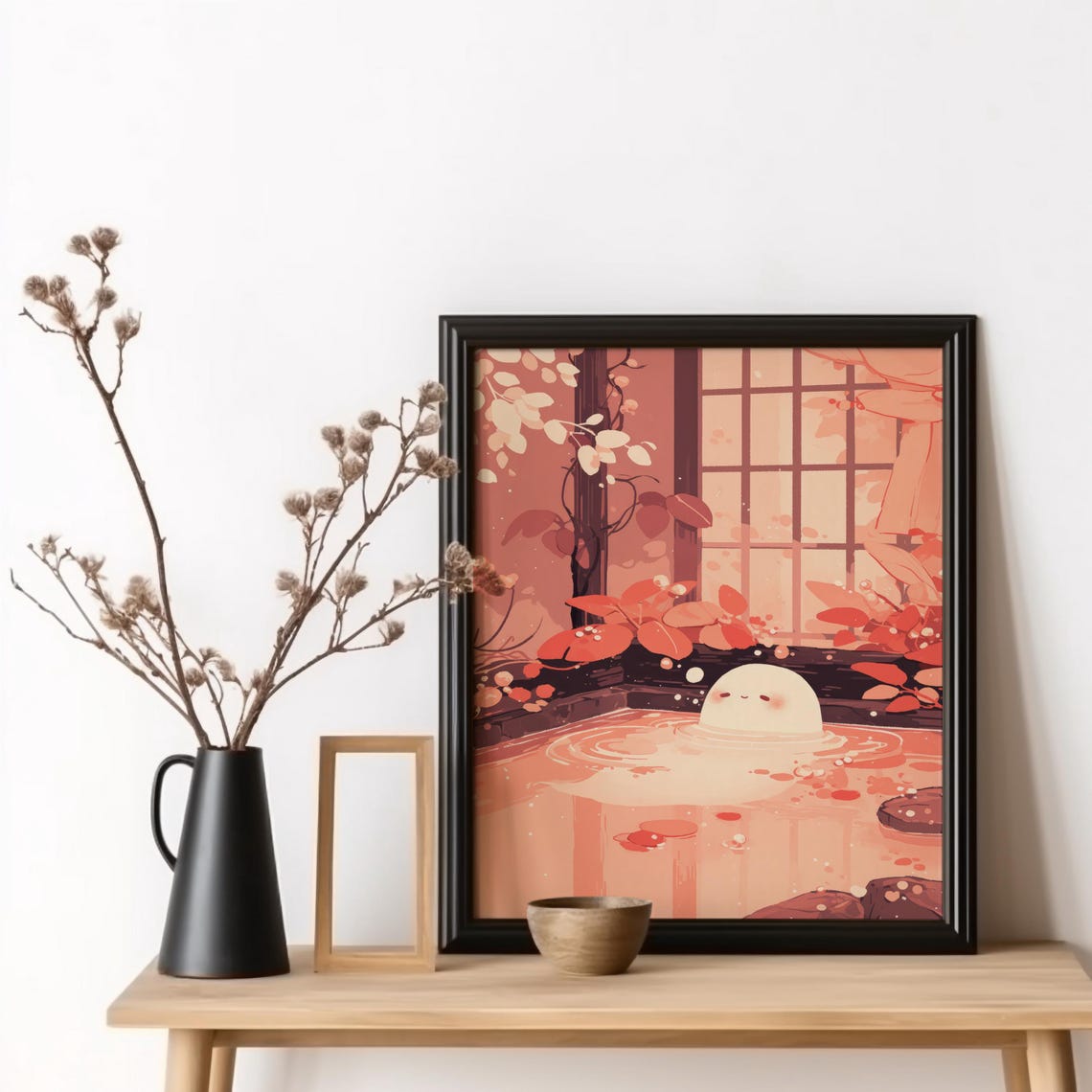 Kawaii Ghost Soaking in Hot Spring Autumn Anime Illustration Poster
