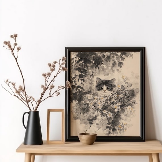 Ink Wash Kitten Among Blossoms Japanese Sumi E Style Cat Poster