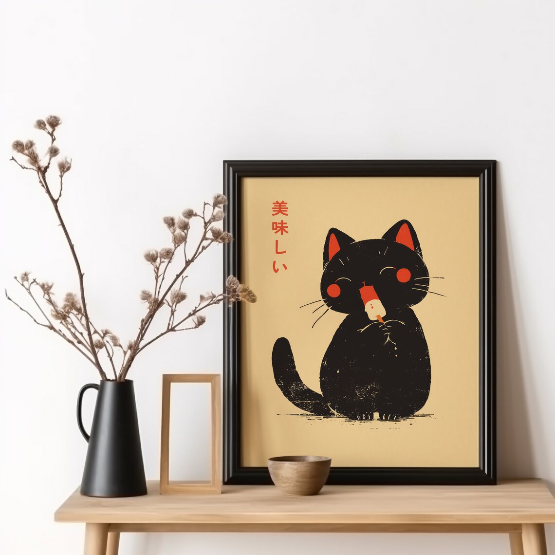 Oishii Cat Print, Japanese Food Art Poster
