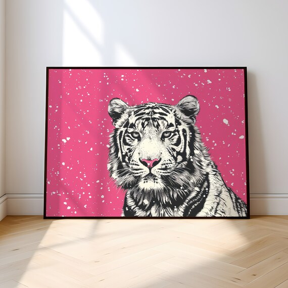 Hot Pink Tiger Poster Snowy Art Print Minimalist Wall Dopamine Decor Animal Blush