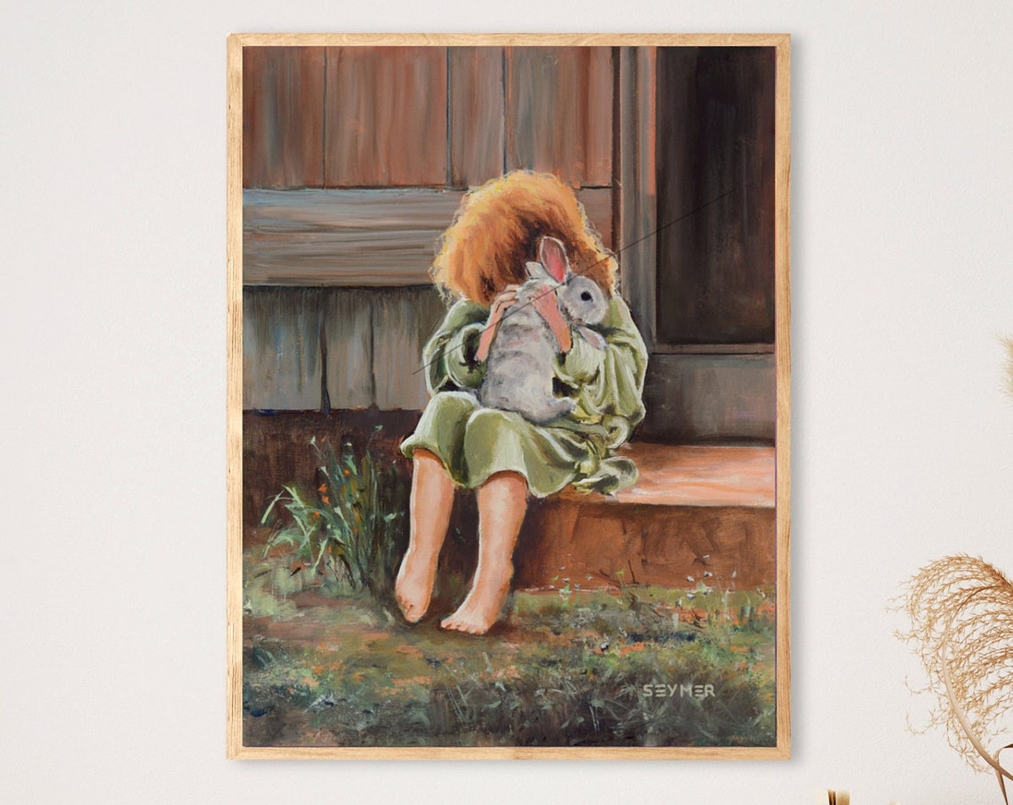 Little Girl Holding Rabbit Farmhouse Oil Painting Childhood Art Poster - Image 6