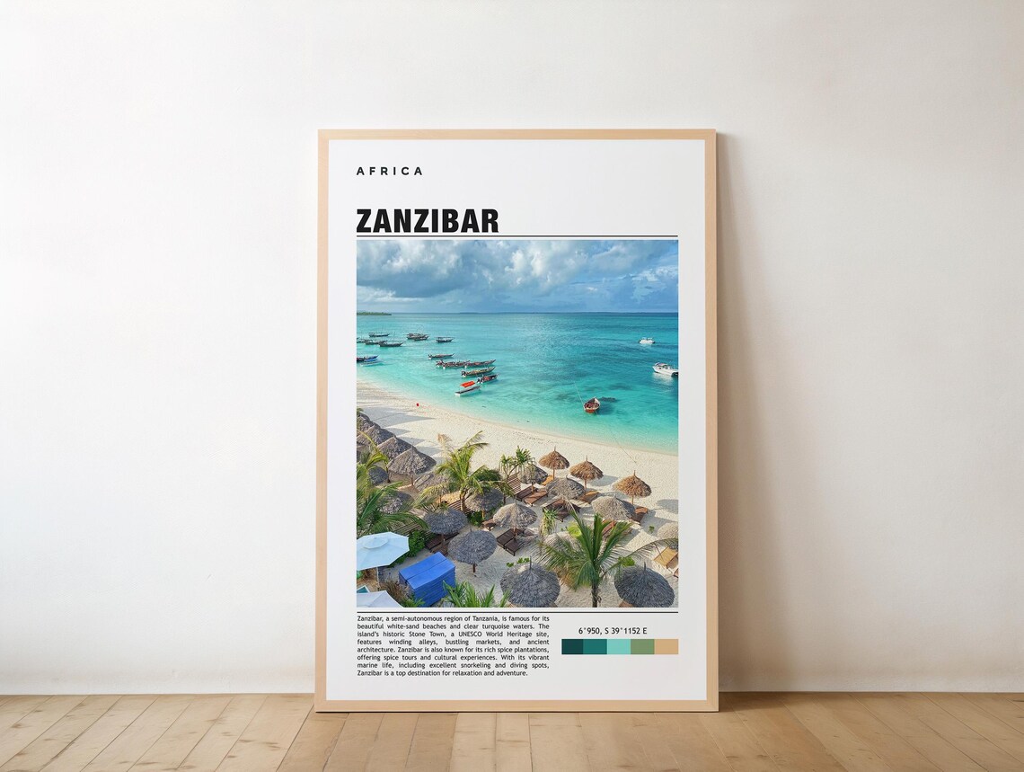 Zanzibar Africa Beach Turquoise Water Wooden Boats Travel Poster