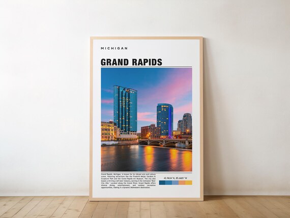 Grand Rapids Michigan Sunset Skyline River Reflection Travel Poster
