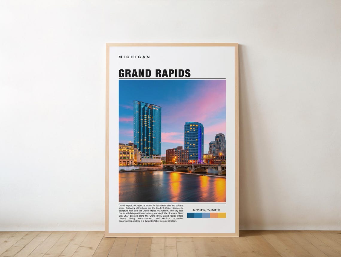 Grand Rapids Michigan Sunset Skyline River Reflection Travel Poster