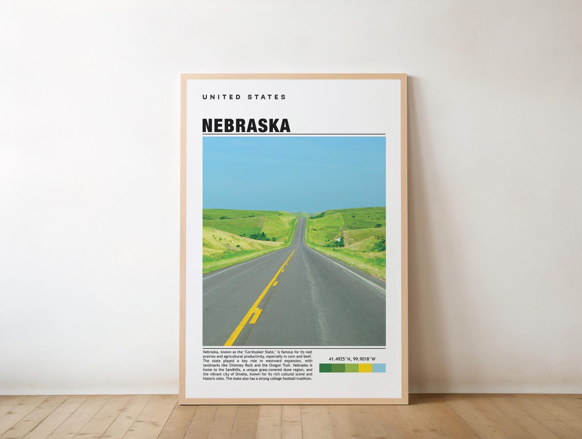 Nebraska Cornhusker State Open Highway Green Hills Travel Poster