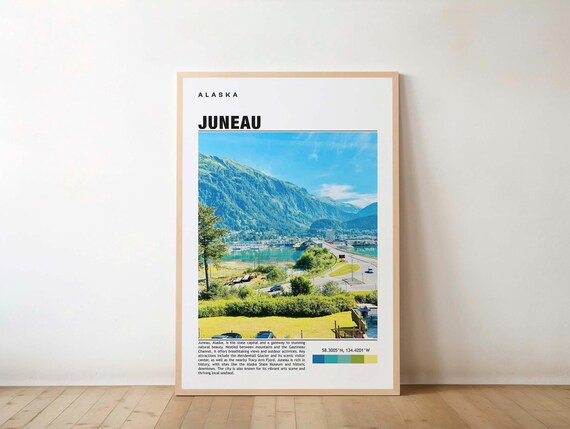 Juneau Alaska Travel Poster with a Scenic Harbor and Mountain Vista View